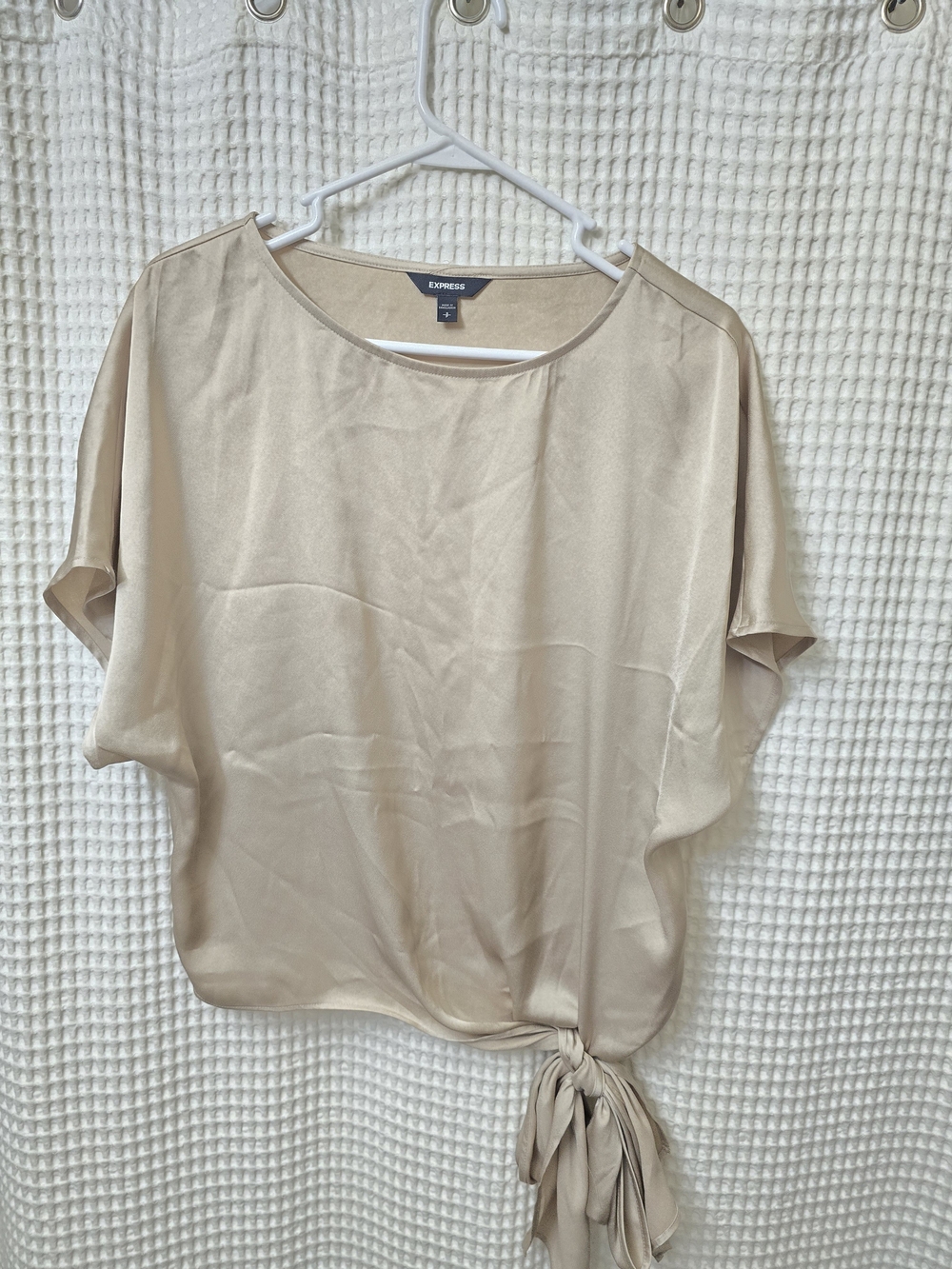 Express Beige Tie-Hem Short Sleeve Blouse